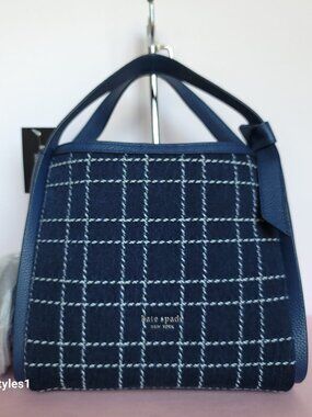 KATE SPADE Knott MEDIUM Denim Check & Leather Crossbody Tote- Indigo Multi⭐